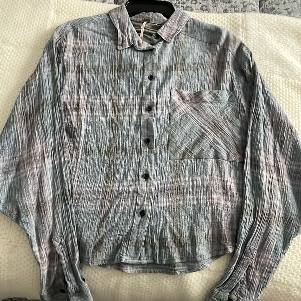 Free People Women’s medium button down, blue/pink/maroon plaid, bell sleeves
